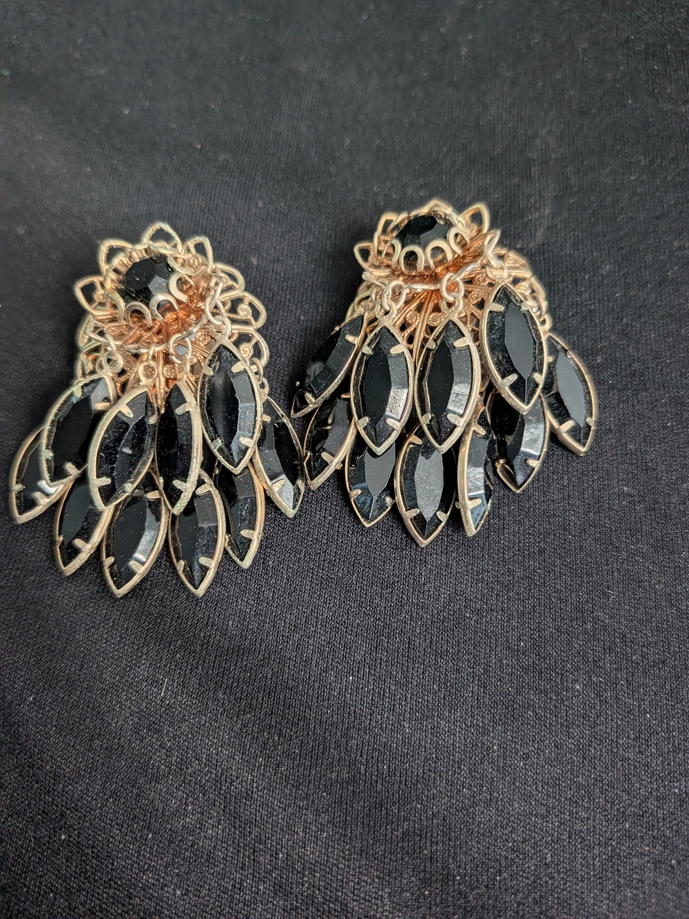 Gold-Tone Black Crystal Cluster Clip - On Earrings - Women Jewelry Vintage 1980s